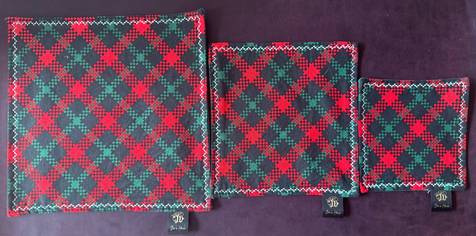 Red and green checkered edc hank with green velvet textured microsuede backing