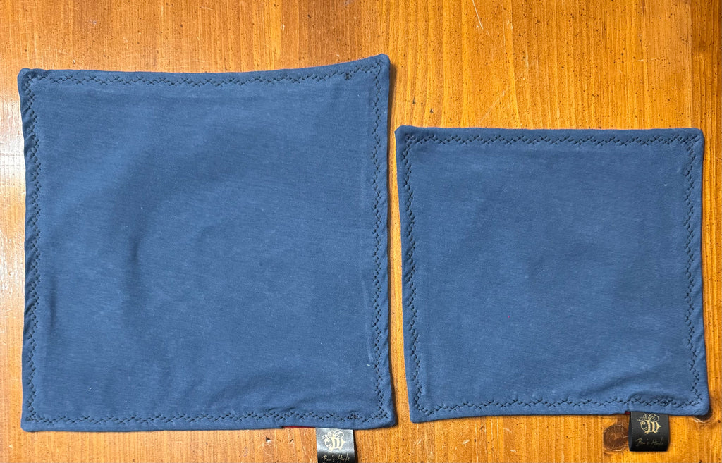 Upcucled acid washed blue cotton and red microsuede edc hank.