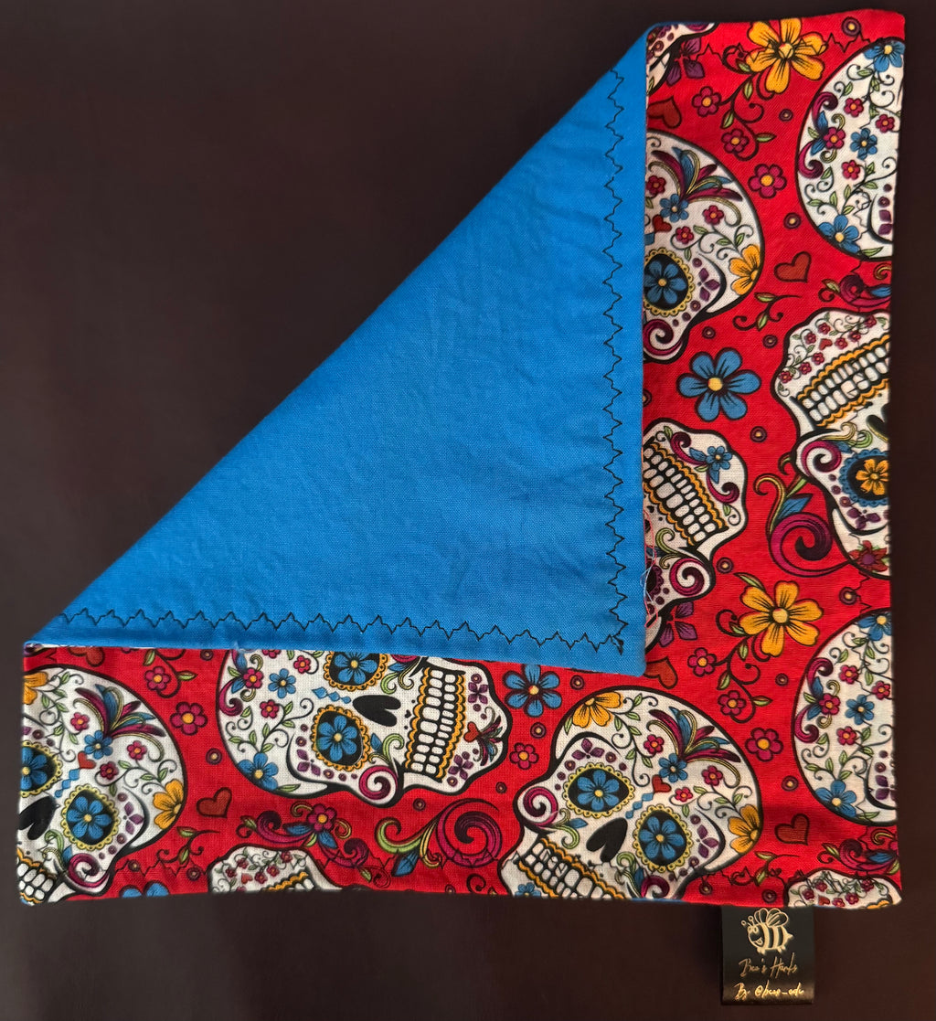 Red Sugar skulls with blue cotton backing edc hank