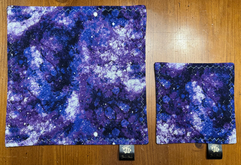 Blue/purple galaxy cotton/microfiber edc hank with glow thread