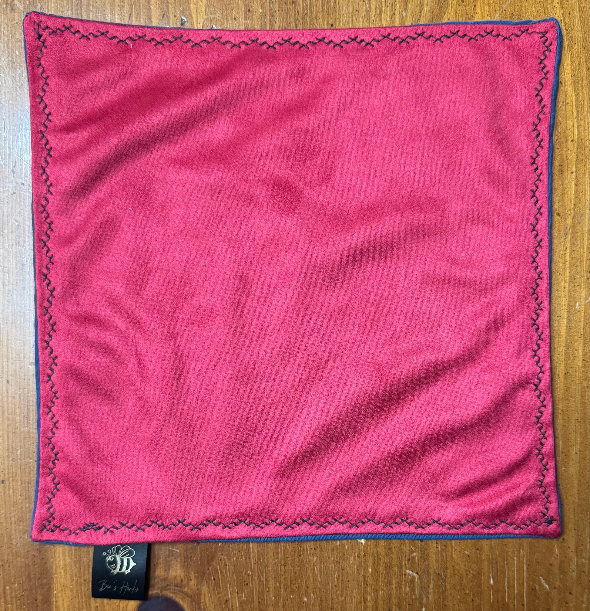 Upcucled acid washed blue cotton and red microsuede edc hank.