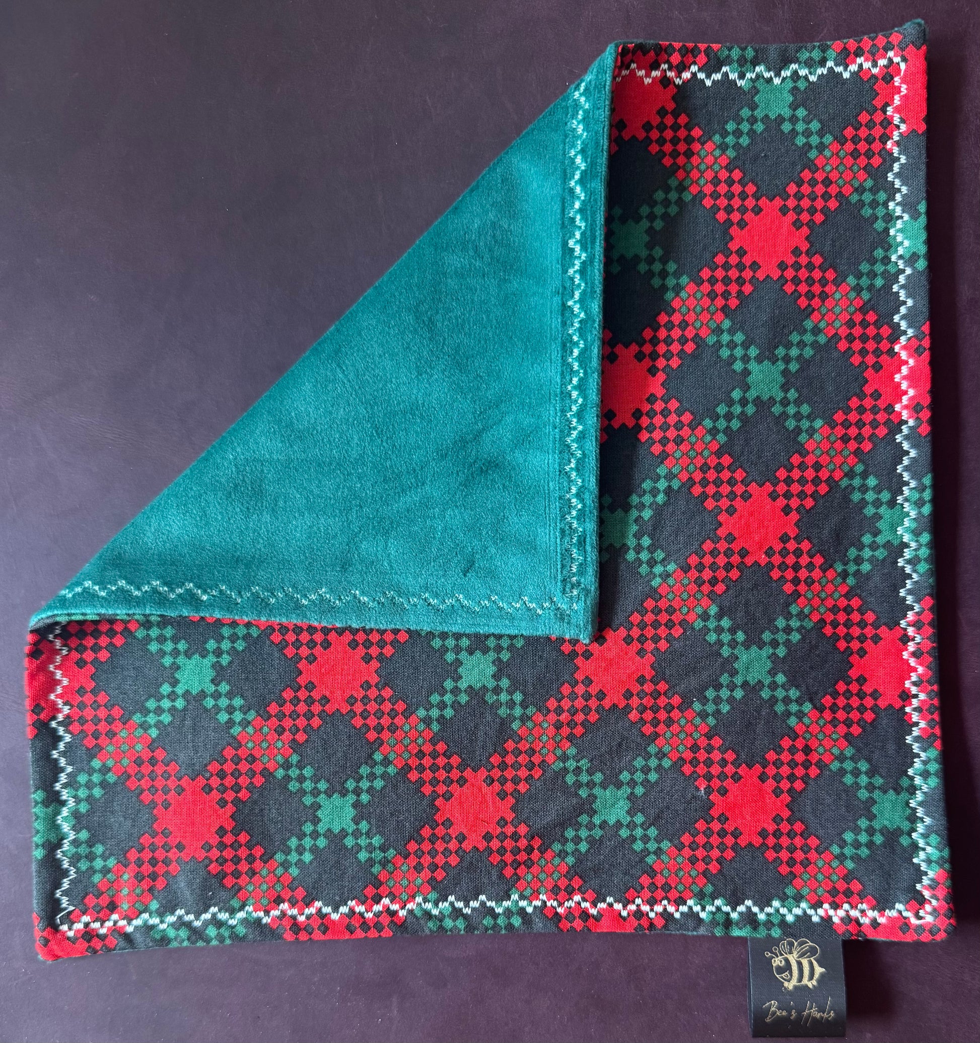 Red and green checkered edc hank with green velvet textured microsuede backing