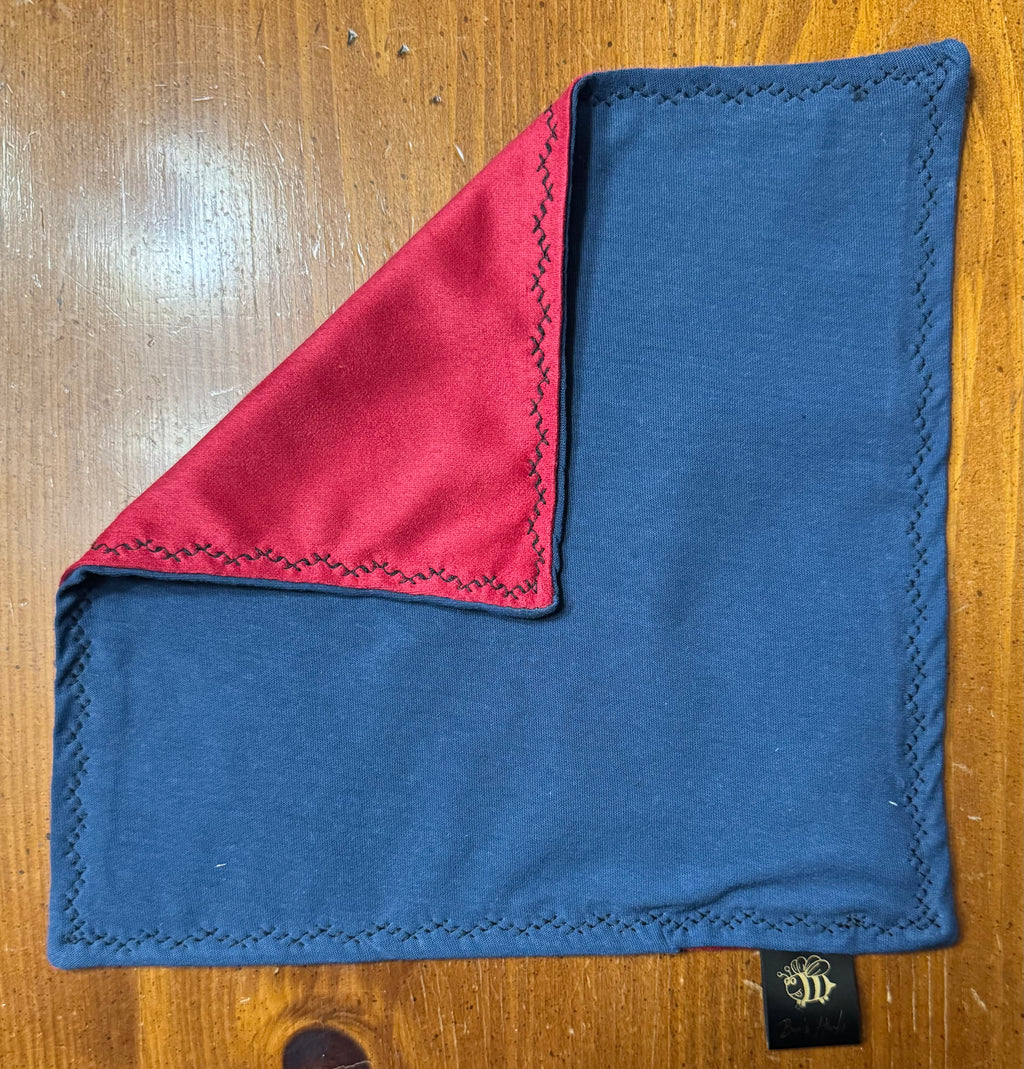 Upcucled acid washed blue cotton and red microsuede edc hank.