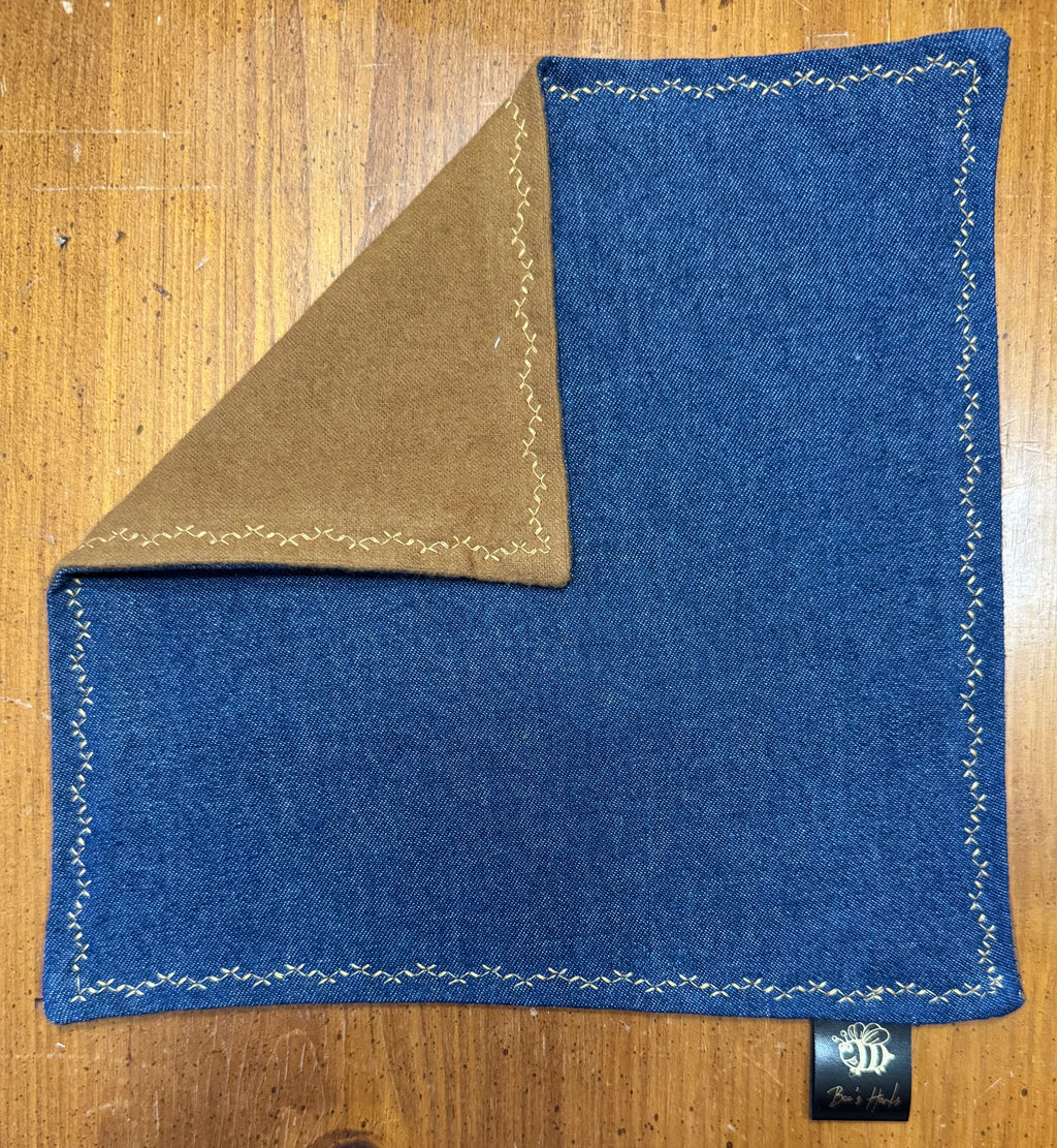 Upcycled blue cotton Denim & Brown cotton flannel edc hank.