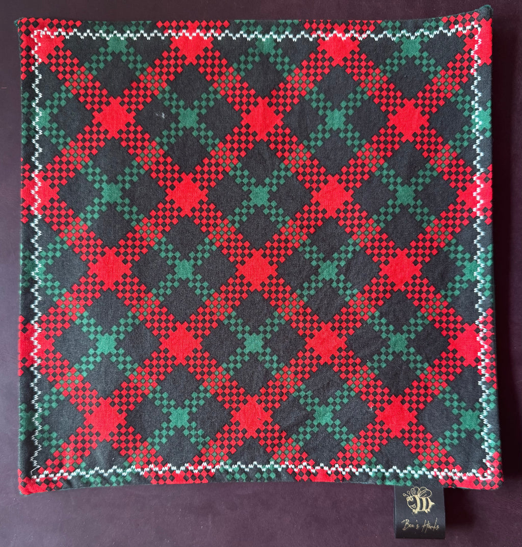 Red and green checkered edc hank with green velvet textured microsuede backing